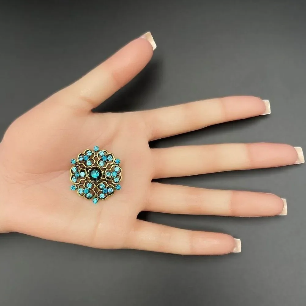Yellow Gold with Blue Sapphire and Aquamarine Crystal Flower Pin Back Brooch